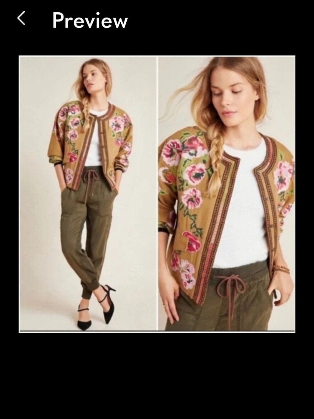 Anthropologie Camel Bomber Jacket with Pink Floral Embroidery